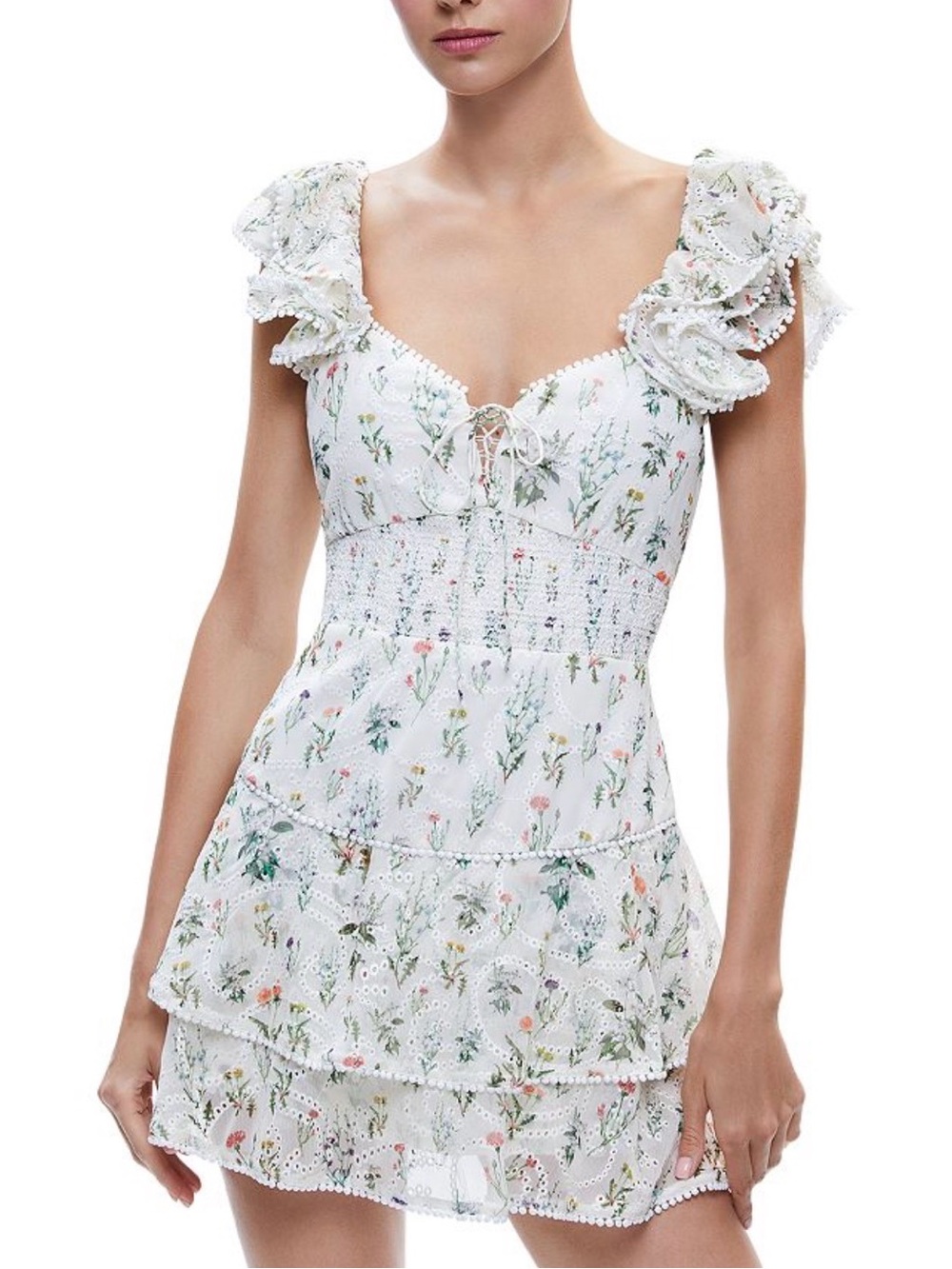 Alice + Olivia White Floral Lace-Trim Babydoll Chemise